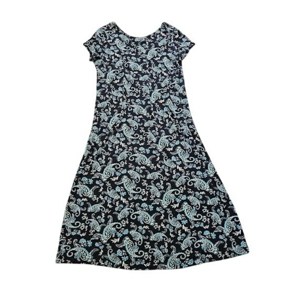 J. Jill Paisley Maxi Dress XL Tall Black Teal Short Sleeve A-Line Stretch
